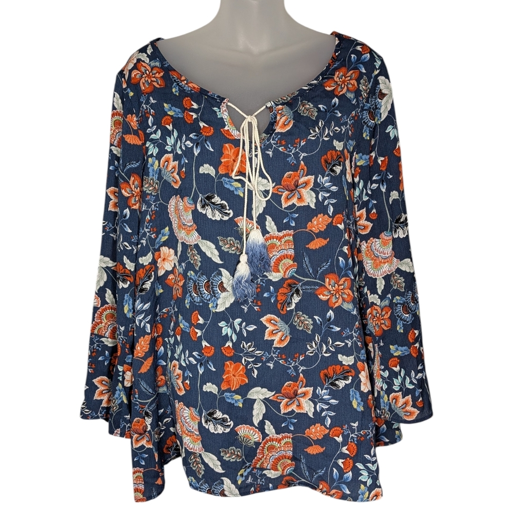 Stature by Chenault Floral Lightweight Boho Peasant Hippie Tunic Top Tie Neck